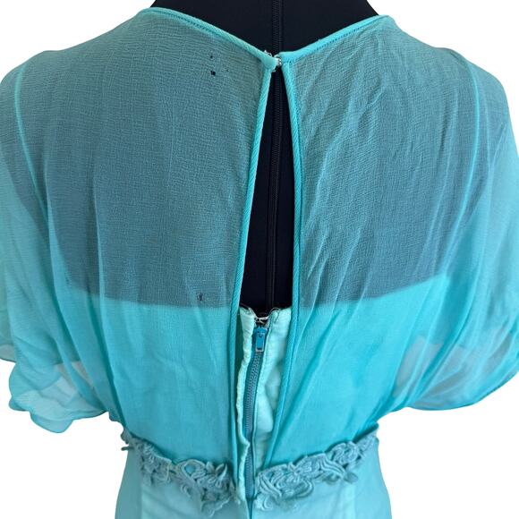 Vintage 1960s turquoise formal dress with floral trim and flutter sleeves. AS IS - Picture 10 of 14